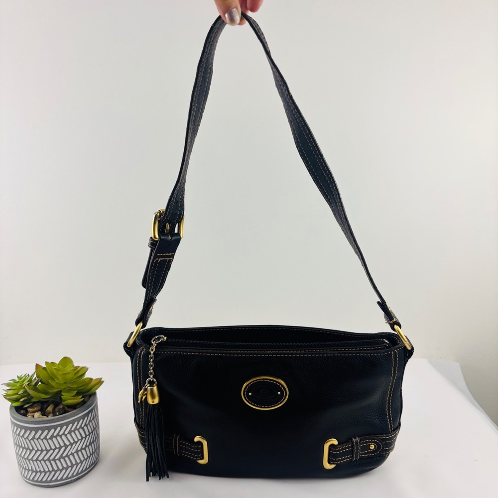 Vintage Etienne Aigner Black Leather Shoulder Bag Contrast Stitch Tassel Hobo